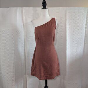Abercrombie & Fitch Linen One Shoulder Mini Dress Brown Small Minimalist NWT